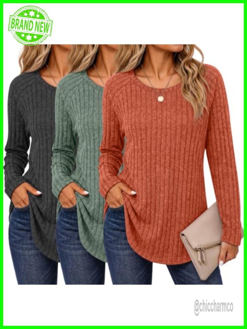 Women's 3 Pack Long Sleeve Tunic Sweaters Crew Neck Loose Fit Fall Winter